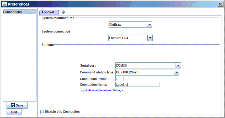 Sample configuration profile with PR4 as a LocoNet Interface